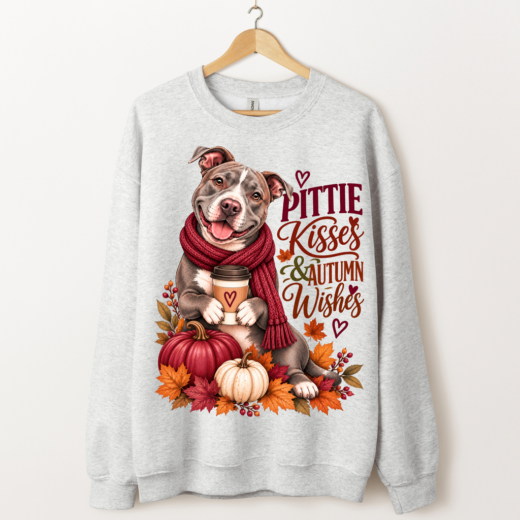 Pittie Kisses and Autumn Wishes Pit Bull crewneck sweatshirt in Ash