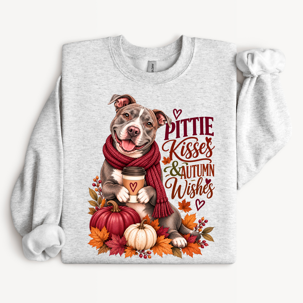Pittie Kisses and Autumn Wishes Pit Bull crewneck sweatshirt in Ash
