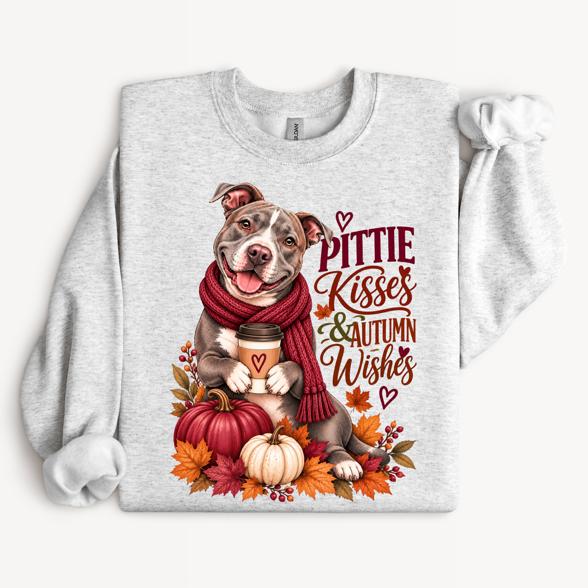 Pittie Kisses and Autumn Wishes Pit Bull crewneck sweatshirt in Ash
