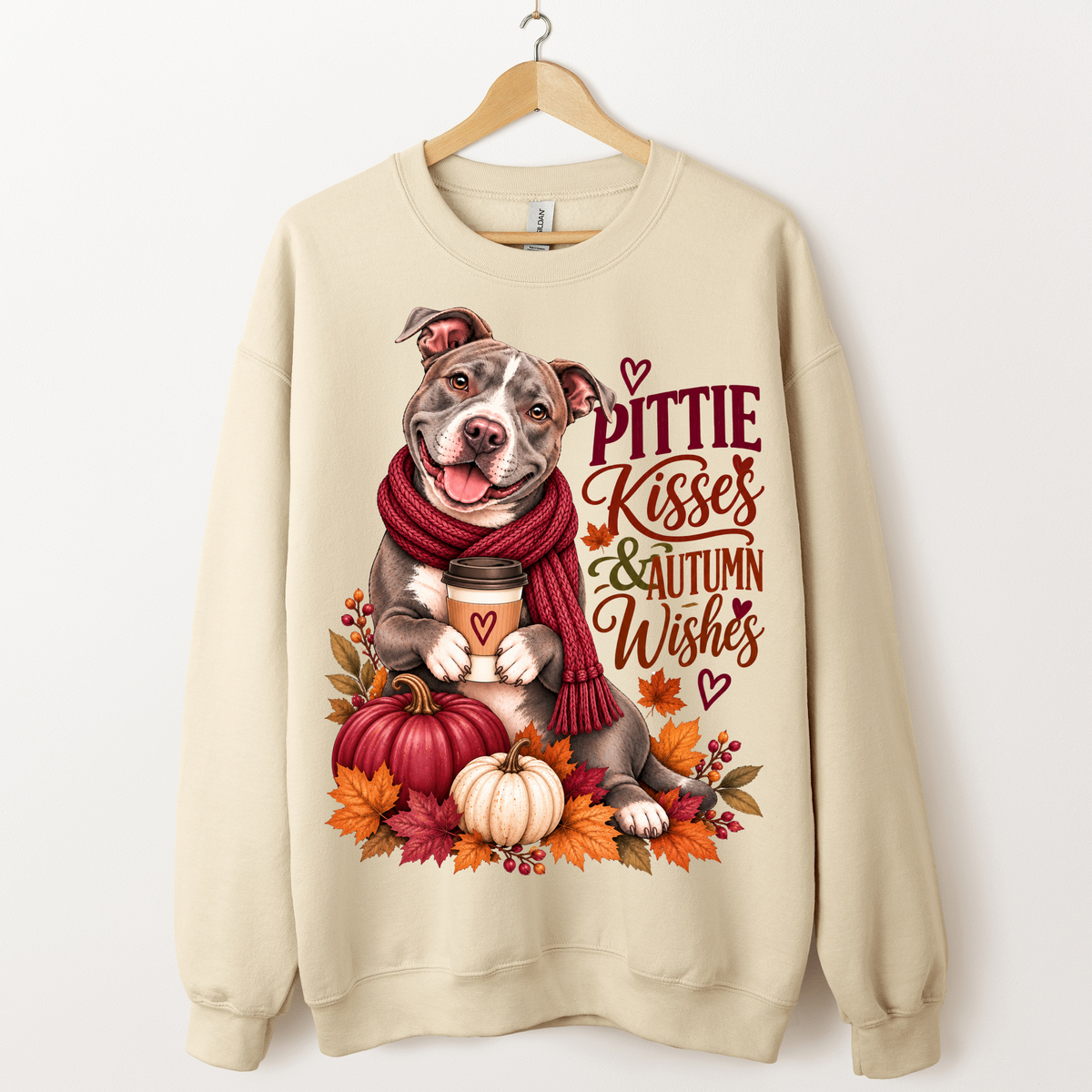 Pittie Kisses and Autumn Wishes Pit Bull fall sweatshirt in Sand