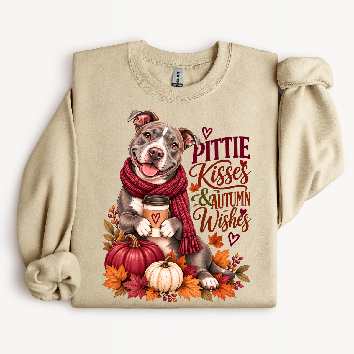 Pittie Kisses and Autumn Wishes Pit Bull fall sweatshirt in Sand