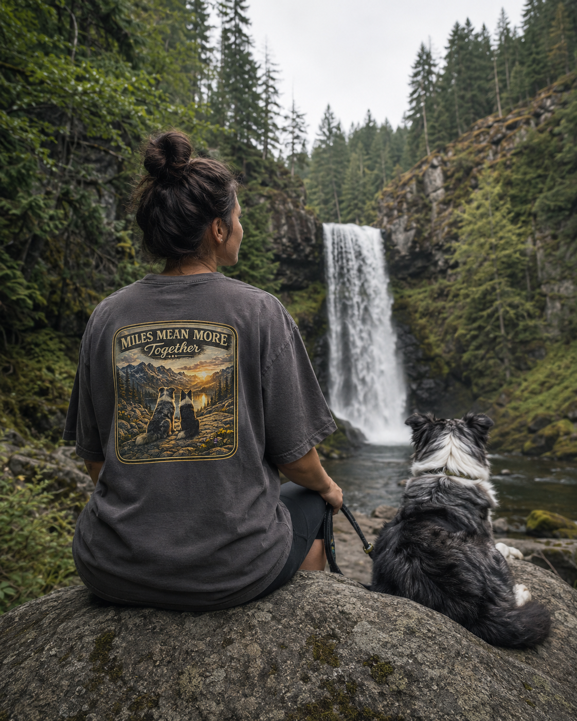 A woman sits on a large rock in a forest, facing a waterfall, with a black and white dog beside her. She is wearing a pepper-colored Comfort Colors 1717 graphic T-shirt with a large back print that reads 'MILES MMEAN MORE Together' and shows two dogs in a landscape scene.