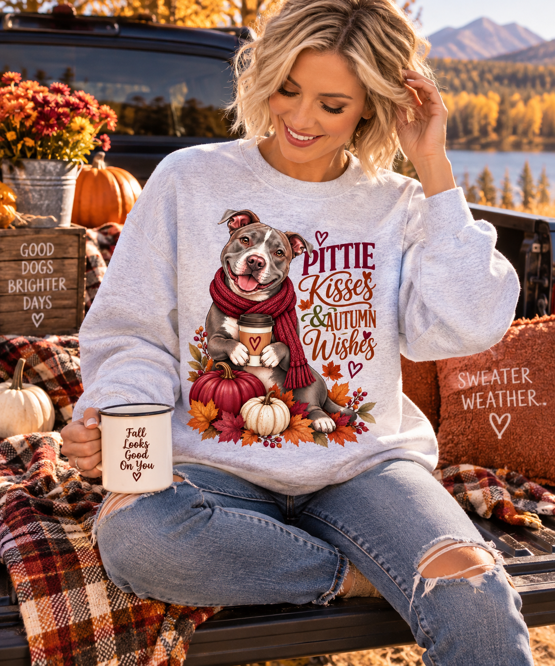 Woman wearing Pittie Kisses and Autumn Wishes Pit Bull fall sweatshirt in Ash