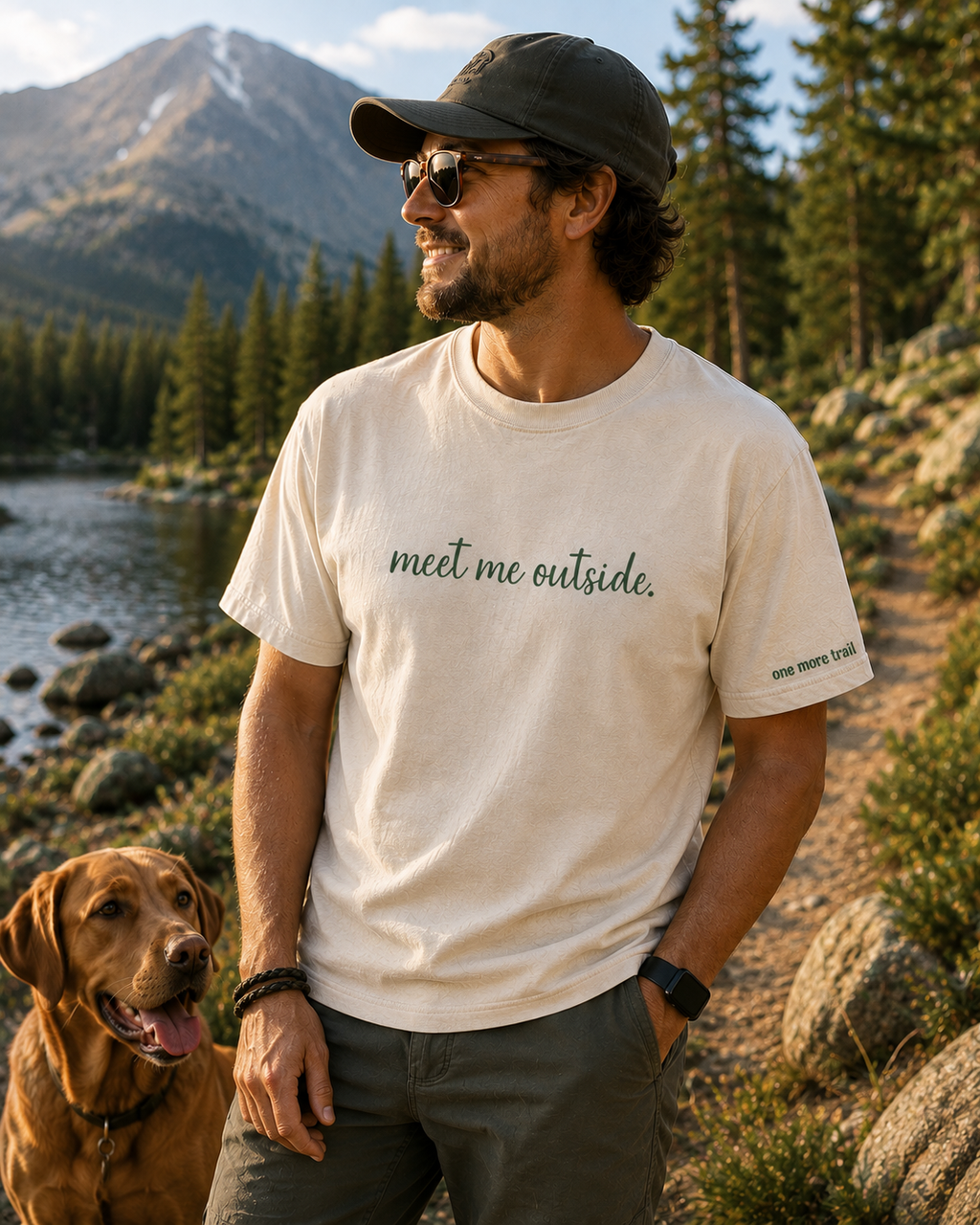 A man wearing a cream-colored t-shirt with the text 'meet me outside.' printed in green script, standing outdoors by a lake with mountains and pine trees in the background.