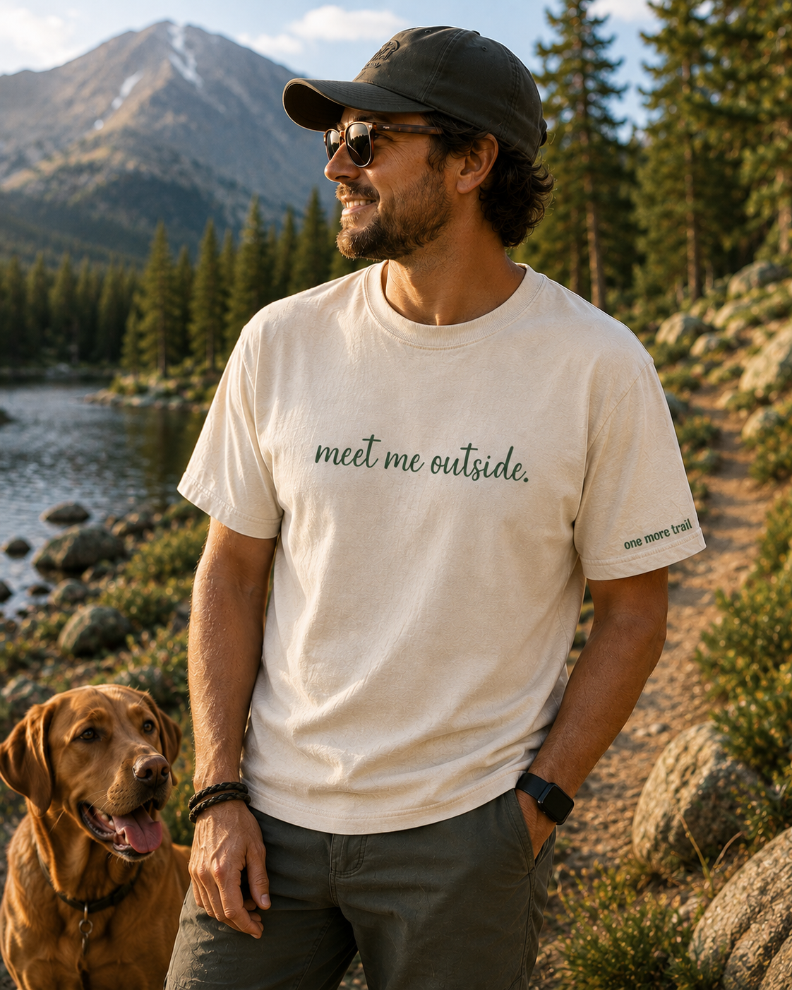 A man wearing a cream-colored t-shirt with the text 'meet me outside.' printed in green script, standing outdoors by a lake with mountains and pine trees in the background.